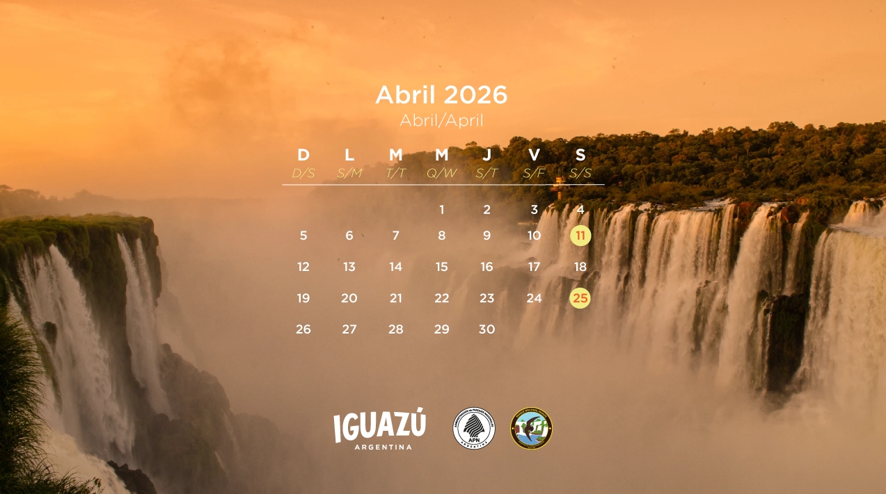 Calendario de abril 2026 con fechas del Atardecer en Cataratas del Iguazú: días sábado 11 y 25