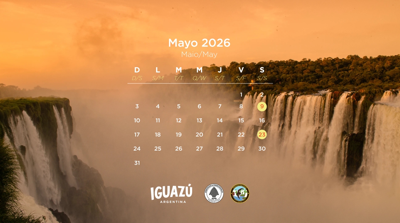 Calendario de mayo 2026 con fechas del Paseo Atardecer en Cataratas del Iguazú: días sábado 9 y 23