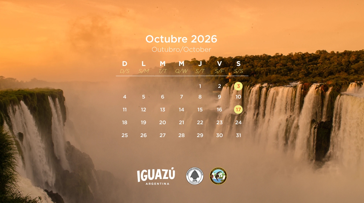 Calendario de octubre 2026 con fechas del Paseo Atardecer en Cataratas del Iguazú: días sábado 3 y 17